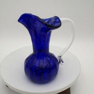 VTG Art Glass Pitcher Cobalt Blue Tortoise 4.5"t x 3"w Ruffled Edge Stamped R